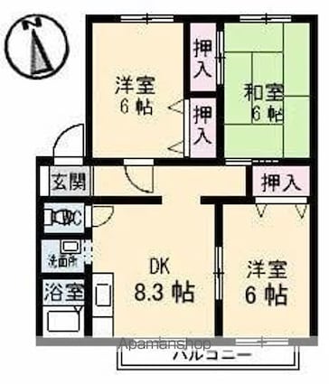 サンビレッジ高松　Ｋ棟[3DK/60.35m2]の間取図