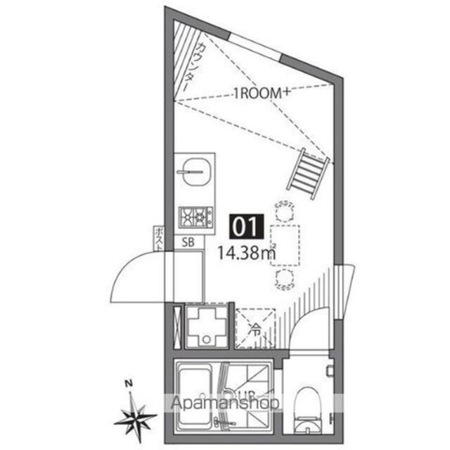 祖師谷アパートメントＷ[1R/14.38m2]の間取図