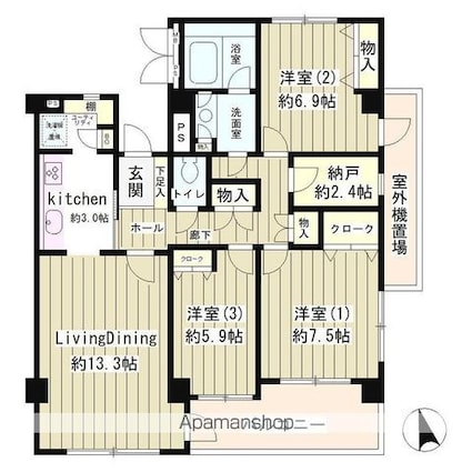 成城ストリームハイツ[3LDK/94.32m2]の間取図