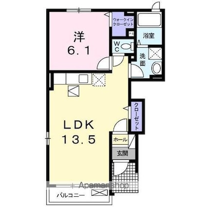 アスランリバーウエストＢ[1LDK/44.75m2]の間取図