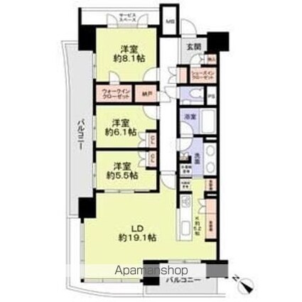 ＨＡＲＵＭＩＦＬＡＧ　ＳＵＮ　ＶＩＬＬＡＧＥ　Ａ棟[3LDK/106.54m2]の間取図