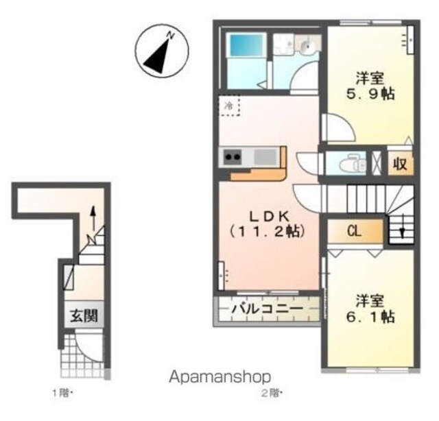 和歌山県和歌山市毛見[2LDK/52.33m2]の間取図
