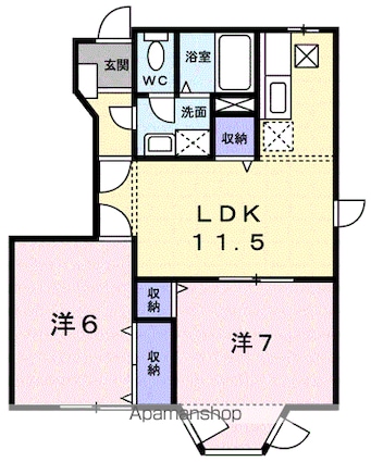 グランディール愛光Ｂ[2LDK/53.51m2]の間取図