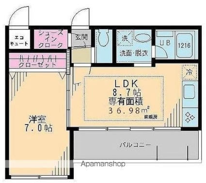 東京都中野区中野５丁目[1LDK/36.98m2]の間取図