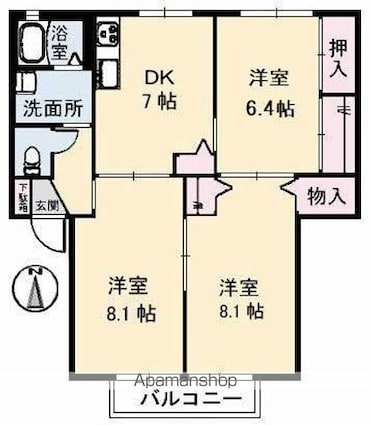 クレール高松[3DK/65.56m2]の間取図