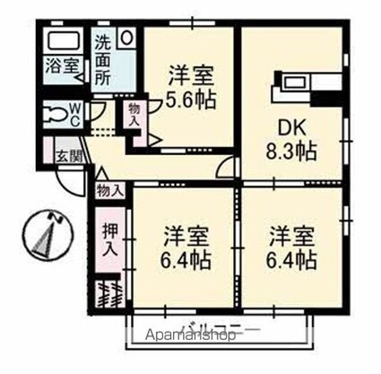 ペルレ　Ａ棟[3DK/62.87m2]の間取図