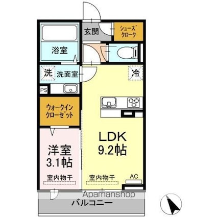 ＢＬＥＳＳ昭島　Ｂ[1LDK/33.4m2]の間取図