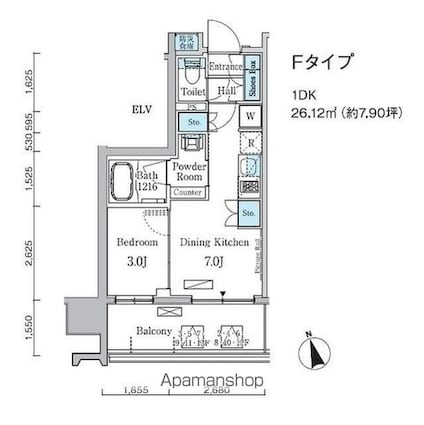プライマル中央ＭＩＮＡＴＯ[1DK/26.12m2]の間取図