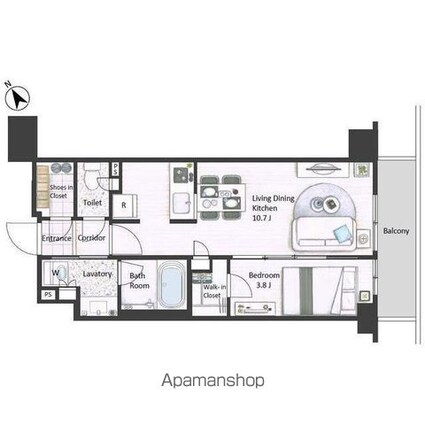 市谷台町坂フロント[1LDK/36.6m2]の間取図