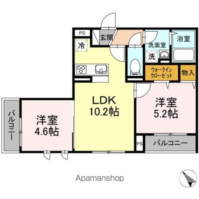 ルーエ玉川台[2LDK/46.22m2]の間取図