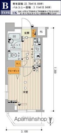 スカイコート錦糸町第２[1K/22.78m2]の間取図
