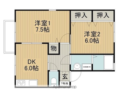 シャイニングビレッジ浜Ｂ[2DK/47.94m2]の間取図