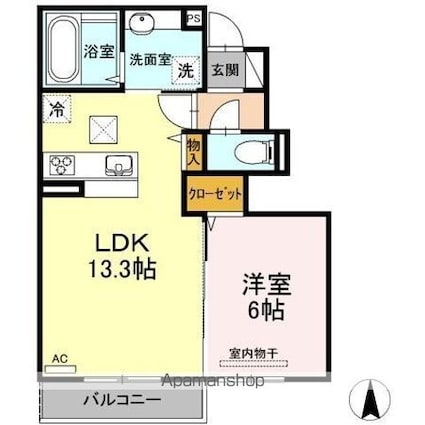 リヴェール南吉田　Ｂ棟[1LDK/45.08m2]の間取図