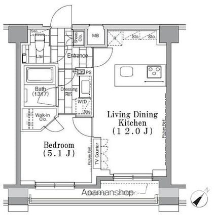 ＯＮＥ　ＲＯＯＦ　ＦＬＡＴ　ＴＳＵＫＩＳＨＩＭＡ[1LDK/40.37m2]の間取図
