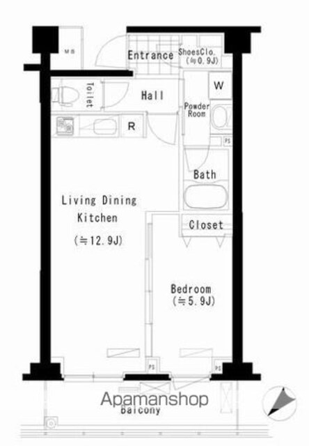 ＰＲＩＭＥ　ＵＲＢＡＮ　東中野　ＣＯＵＲＴ[1LDK/44.31m2]の間取図