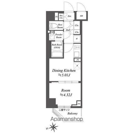 東京都杉並区荻窪２丁目[1DK/25.4m2]の間取図