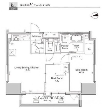 プラウドフラット浅草雷門[2LDK/50.53m2]の間取図