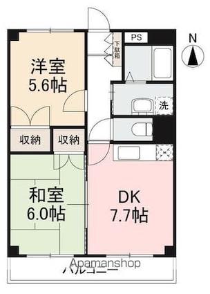 グランビュー鬼無[2DK/48.6m2]の間取図