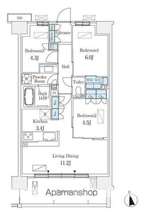 スカイグランデ津田沼[3LDK/65.1m2]の間取図