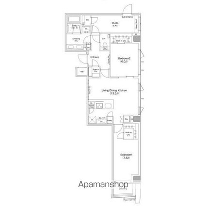 ザ・パークハビオ渋谷クロス[2SLDK/77.36m2]の間取図