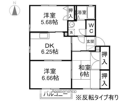 長野県長野市稲里町中央３丁目[3DK/54.81m2]の間取図
