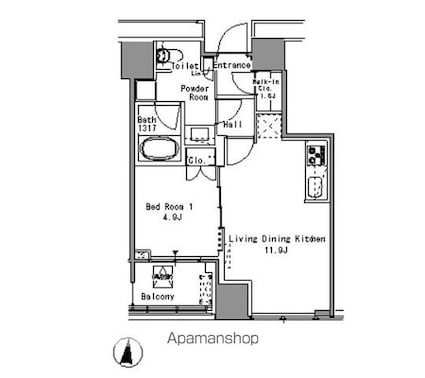 Ｗｈｉｔｅ　Ｔｏｗｅｒ　Ｈａｍａｍａｔｓｕｃｈｏ[1LDK/41.59m2]の間取図