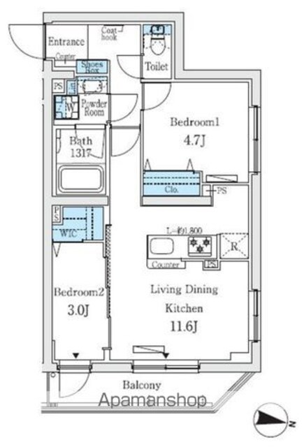 プライムブリス中野富士見町Ⅰ[2LDK/46.14m2]の間取図