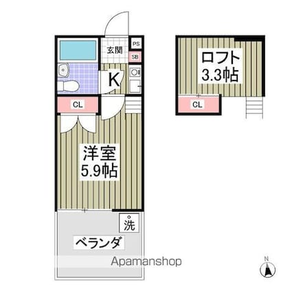 ブルーメアライ３６Ｂ棟[1K/15.68m2]の間取図