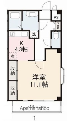 香川県高松市鹿角町[1K/44.72m2]の間取図
