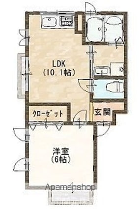 滋賀県東近江市東沖野３丁目[1LDK/36.42m2]の間取図