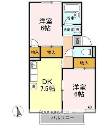 屋島ハイツ　Ｂ棟[2DK/46.4m2]の間取図