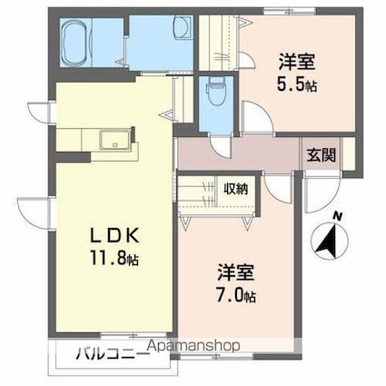 コモン・シティ根城Ａ・Ｂ・Ｃ[2LDK/55.5m2]の間取図