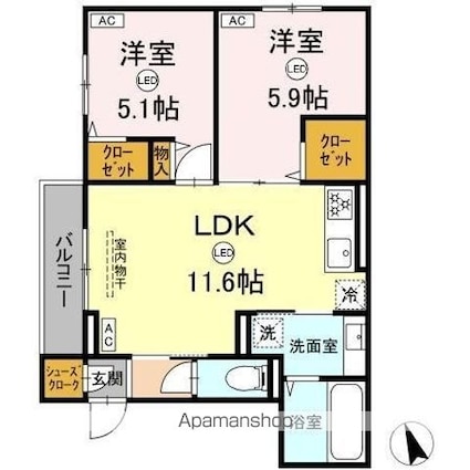 ＡｓｓｅｔーＣｏｕｒｔ立川富士見町　Ａ[2LDK/52.69m2]の間取図