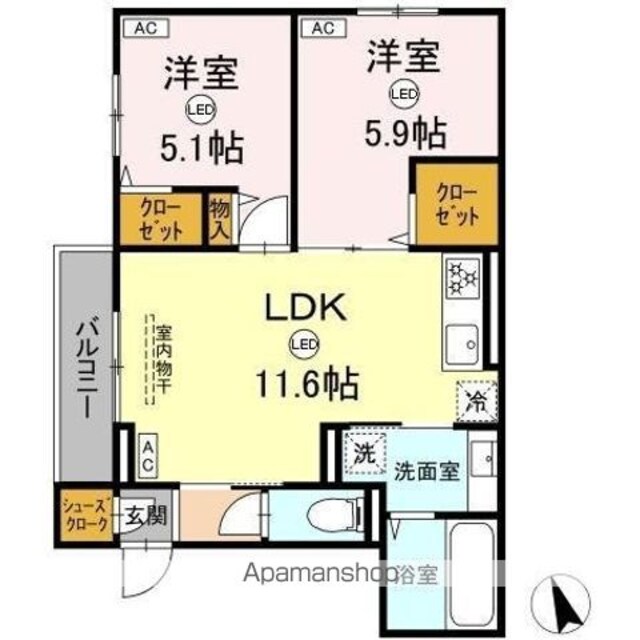 ＡｓｓｅｔーＣｏｕｒｔ立川富士見町　Ａ[2LDK/52.69m2]の間取図