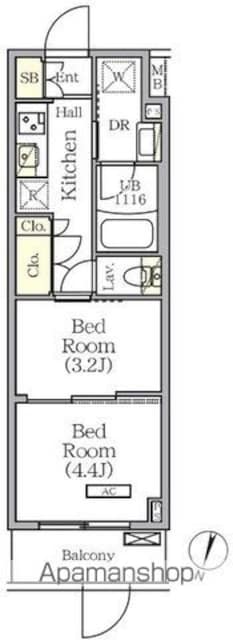 ＡＲＫＭＡＲＫ世田谷砧[2K/25.47m2]の間取図