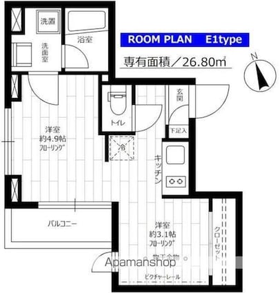東京都世田谷区若林３丁目[1R/26.8m2]の間取図