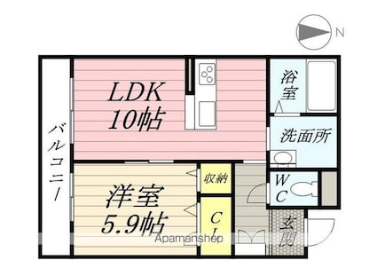 ヴィラ市久[1LDK/42.08m2]の間取図