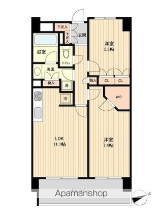 ＨＦ若林公園レジデンス[2LDK/58.11m2]の間取図