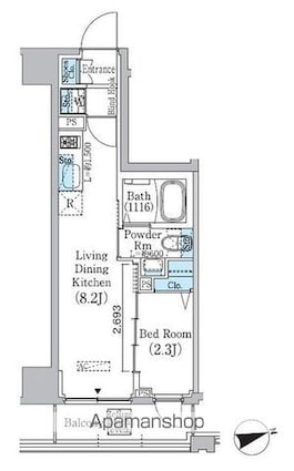 プライムブリス東中野駅前[1LDK/25.55m2]の間取図