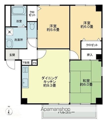 フォブールタウン成合Ｄ・Ｅ棟[3DK/58.38m2]の間取図