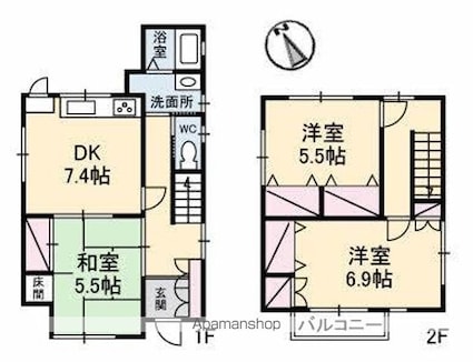 元山町一戸建て[3DK/77.42m2]の間取図