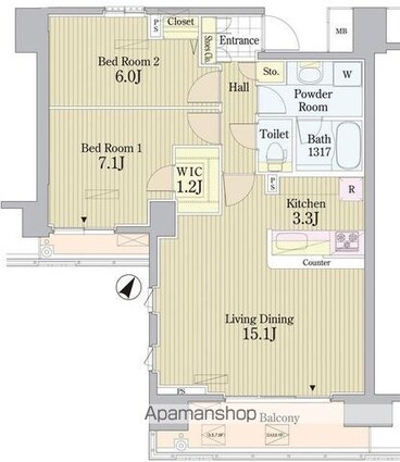 ＰＲＩＭＥ　ＵＲＢＡＮ　東中野　ＣＯＵＲＴ[2LDK/68.83m2]の間取図