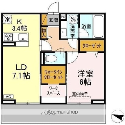 リシェスみのり台　Ａ・Ｂ・Ｃ　Ｃ棟[1LDK/46.67m2]の間取図
