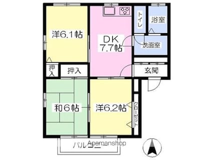 フォブール葉座　Ｂ棟[3DK/57.43m2]の間取図