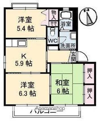ＹＭハイツ　Ａ・Ｂ・Ｃ棟[3K/54.07m2]の間取図