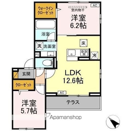ボヌールＩＩ[2LDK/54.77m2]の間取図