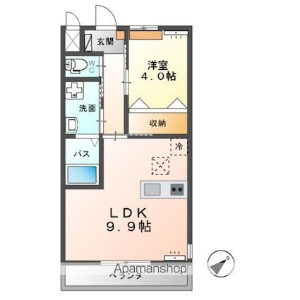 高尾崎　ＮＥＷ　ＴＯＷＮ　Ｌａ・Ｔｅｒｒｅ　Ｆ[1LDK/36m2]の間取図