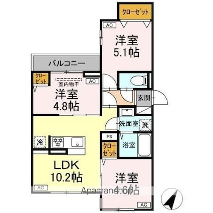 セレスティア白鷺ＩＩ[3LDK/52.96m2]の間取図
