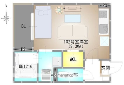 岡山県岡山市北区下伊福本町[1R/26.34m2]の間取図
