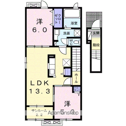 アンドロイ　アンソレイユ　Ｂ[2LDK/62.29m2]の間取図